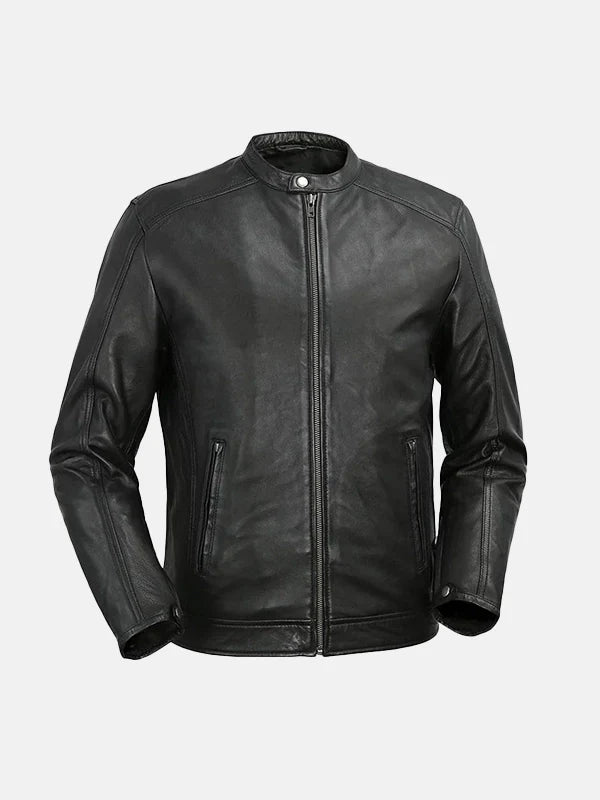 Men's Snap Tab Collar Black Leather Jacket