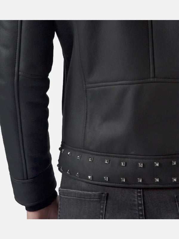 Mens Studded Black Leather Jacket Back Closure