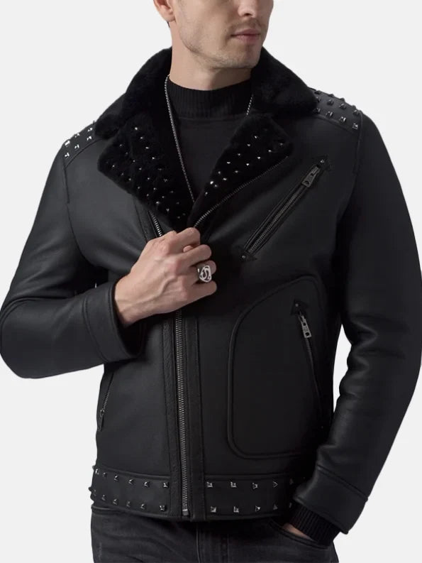 Mens Studded Black Leather Jacket Front