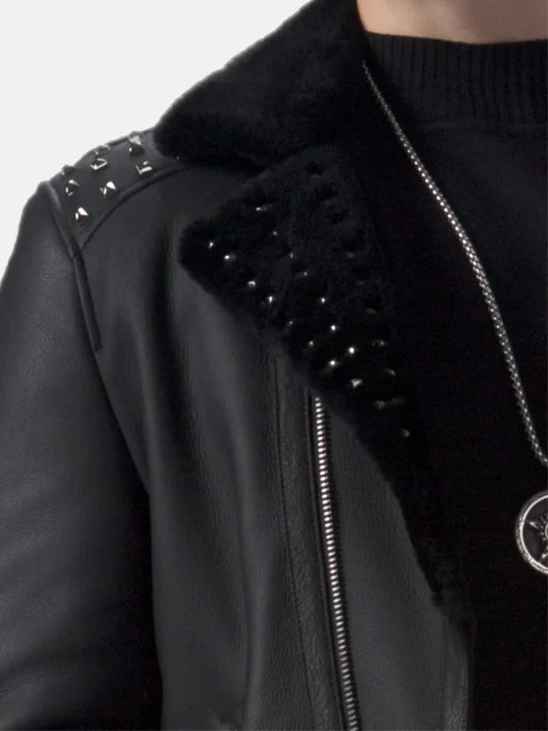 Mens Studded Black Leather Jacket Front Closure