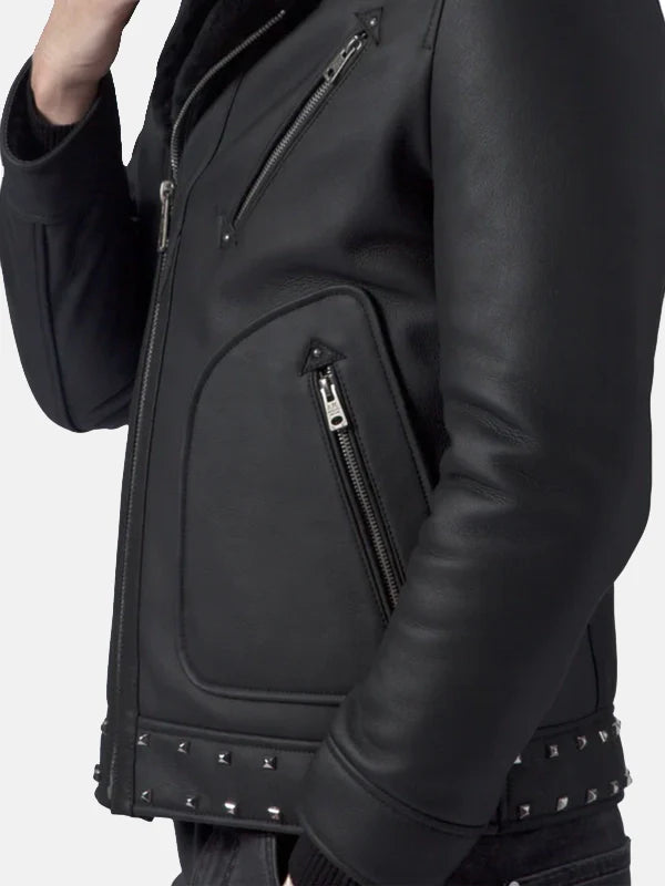 Mens Studded Black Leather Jacket Side Pose