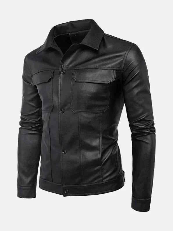 Mens Turn Down Collar Leather Jacket Front