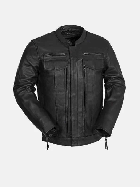 Mens Utility Style Black Leather Biker Jacket Front