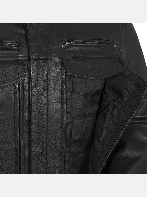 Mens Utility Style Black Leather Biker Jacket Front Close Up