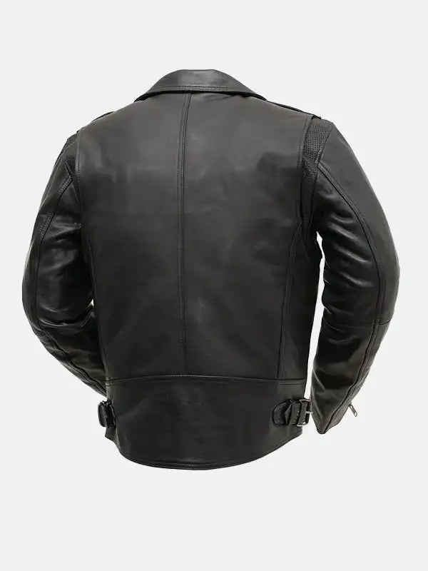 Mens Zippered Chest Pocket Black Biker Leather Jacket Back Pose