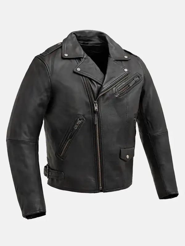 Mens Zippered Chest Pocket Black Biker Leather Jacket