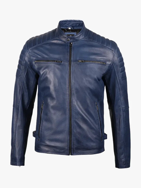 Blaue gewachste Cafe Racer Lederjacke für Herren
