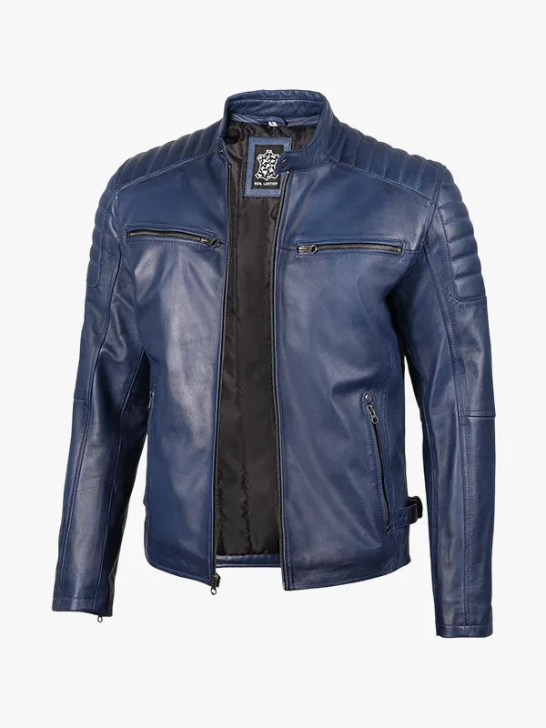 Blaue gewachste Cafe Racer Lederjacke für Herren