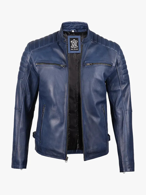 Blaue gewachste Cafe Racer Lederjacke für Herren