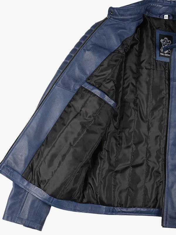 Blaue gewachste Cafe Racer Lederjacke für Herren