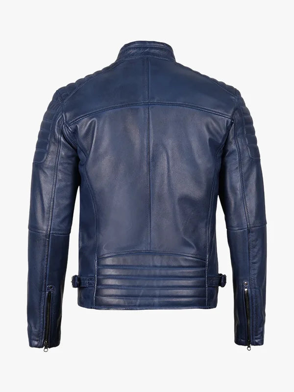 Blaue gewachste Cafe Racer Lederjacke für Herren