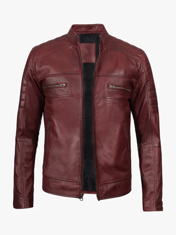 Mens Burgundy Cafe Racer Leather Jacket