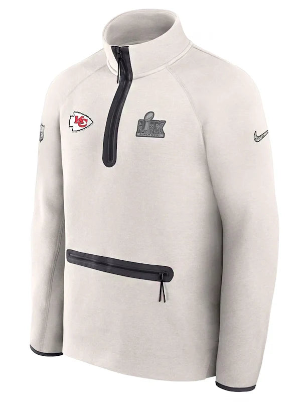 Mens Nike Cream Kansas City Chiefs Super Bowl LIX Opening Night Tech Fleece Half-Zip Top Jacket