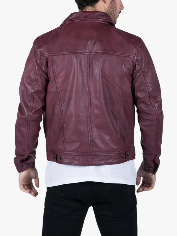 Mens Real Leather Shirt Jacket Burgundy Wine Retro Jeans 