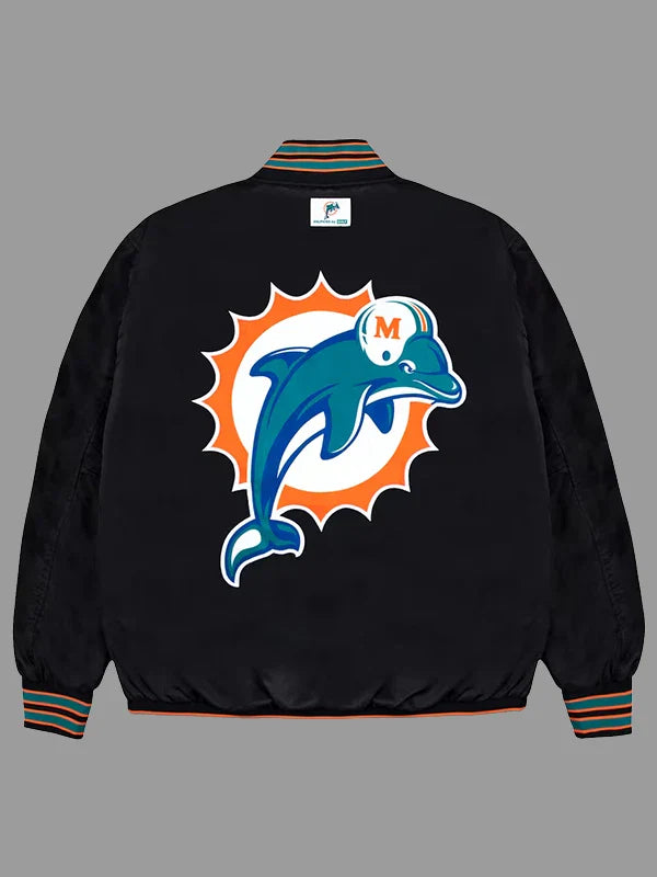 Miami Dolphins GOLF WANG Black Satin Bomber Jacket