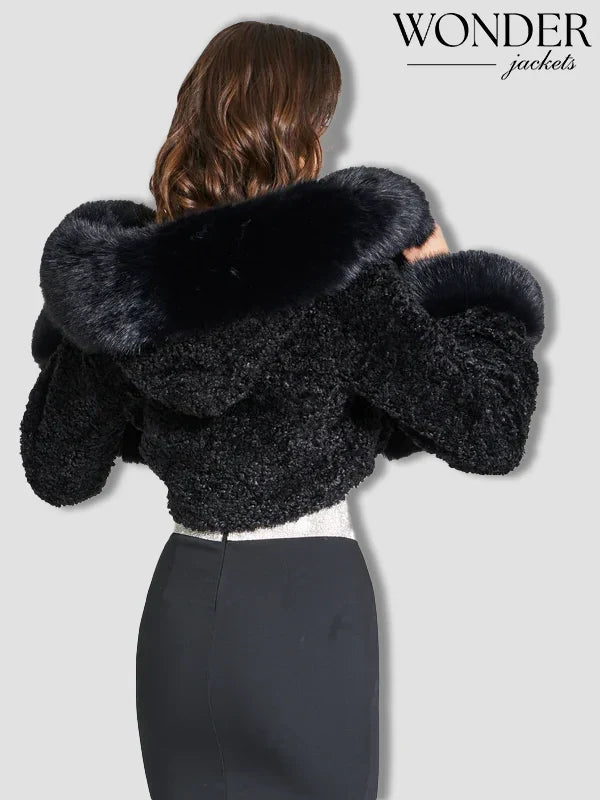 Miss Circle Kali Cropped Balck Faux Fur Jacket with Hood