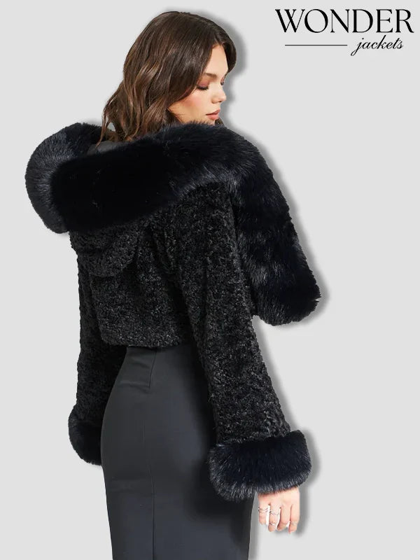 Miss Circle Kali Cropped Faux Fur Black Hooded Jacket