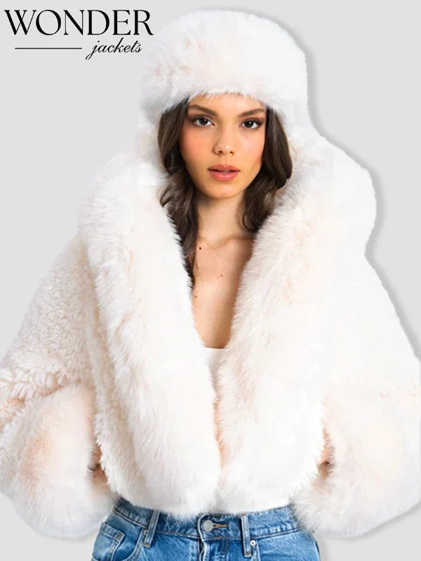 Miss Circle Kali Cropped Faux Fur Jacket White