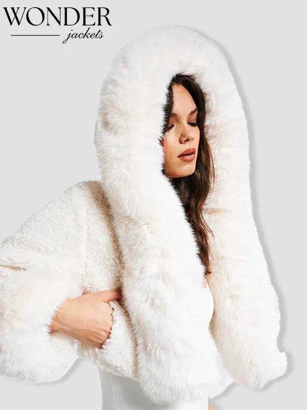 Miss Circle Kali Cropped Faux Fur White Hooded Jacket