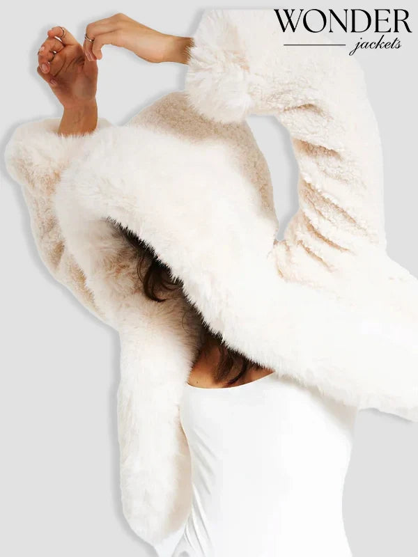 Miss Circle Kali Cropped White Faux Fur Jacket with Hood