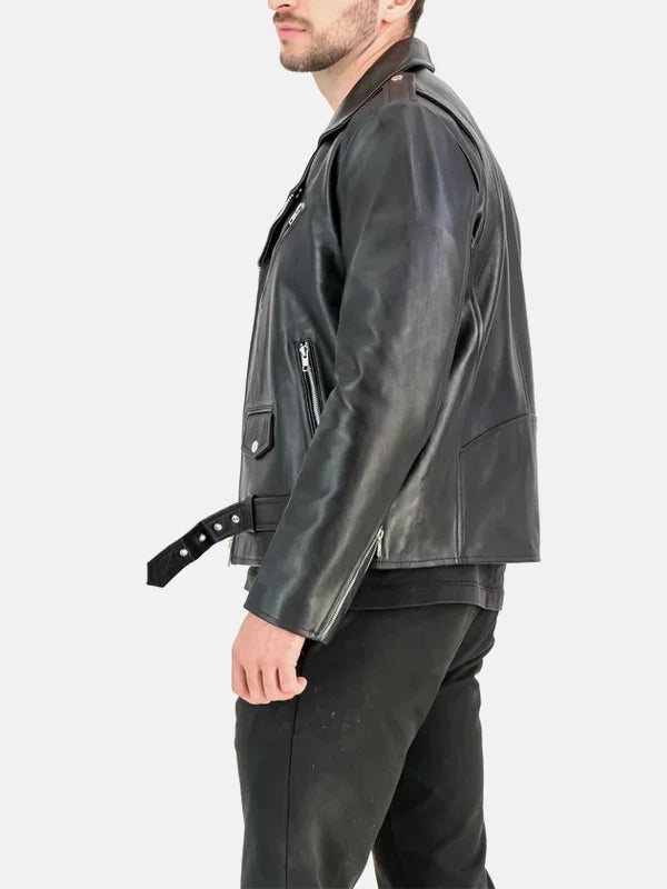 Morris Asymmetrical Collar Black Leather Biker Jacket