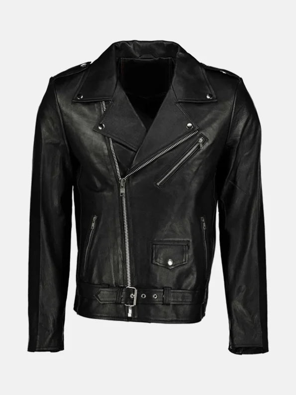 Morris Asymmetrical Collar Black Leather Moto Jacket Front