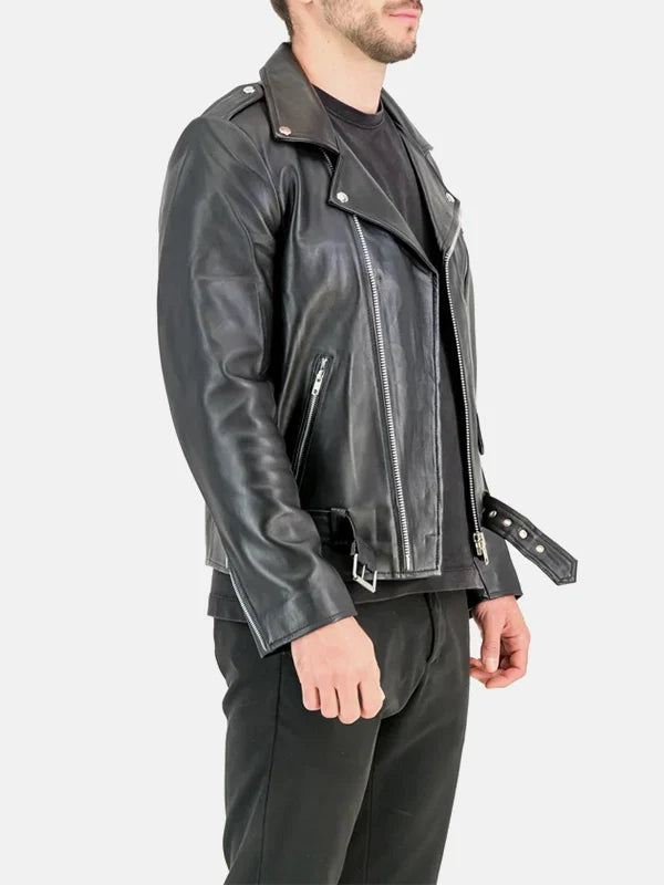 Morris Asymmetrical Style Collar Black Leather Moto Jacket