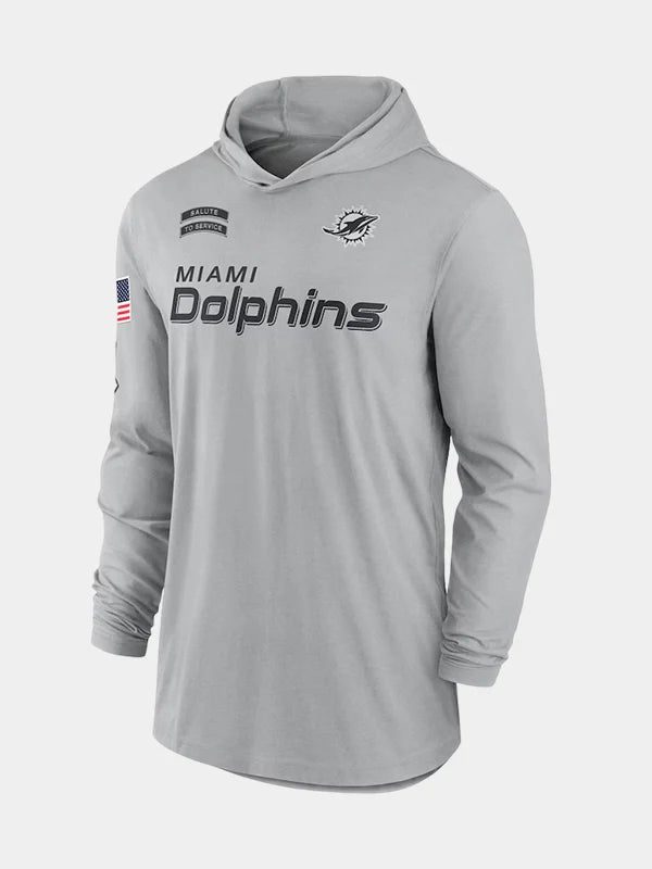 NFL 2024 Miami Dolphins Salute to Service Long Sleeve Hooded T-Grey Shirt