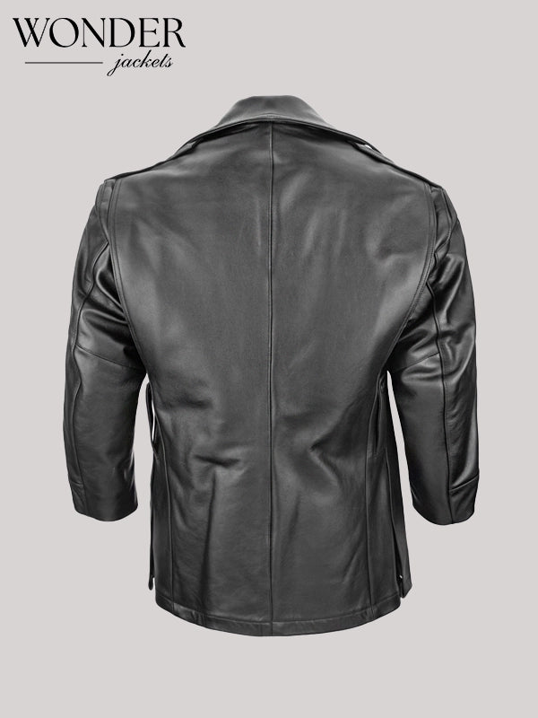 NYPD Black Cowhide Leather Long Jacket