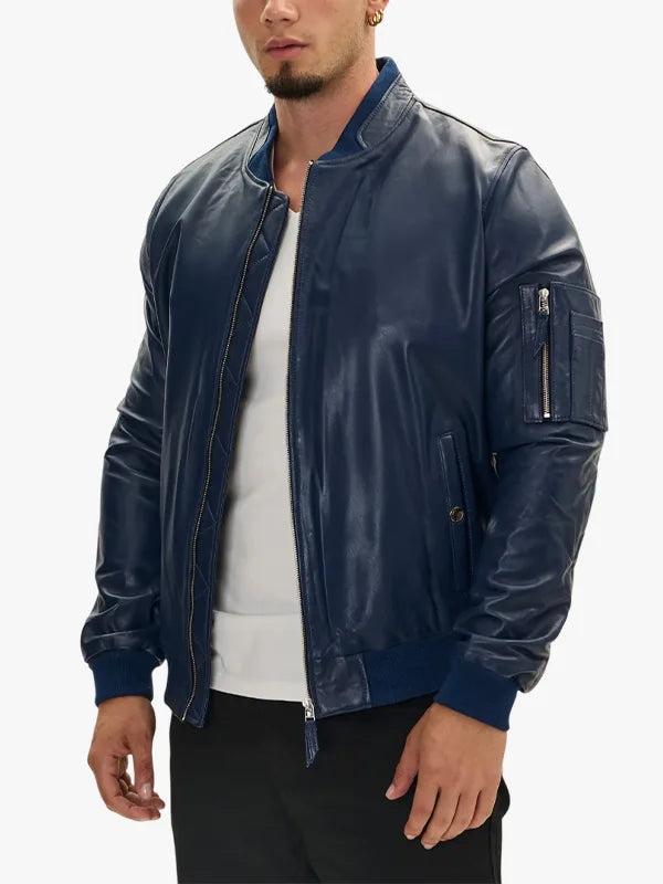 Navy Blue Bomber Genuine Leather Jacket 