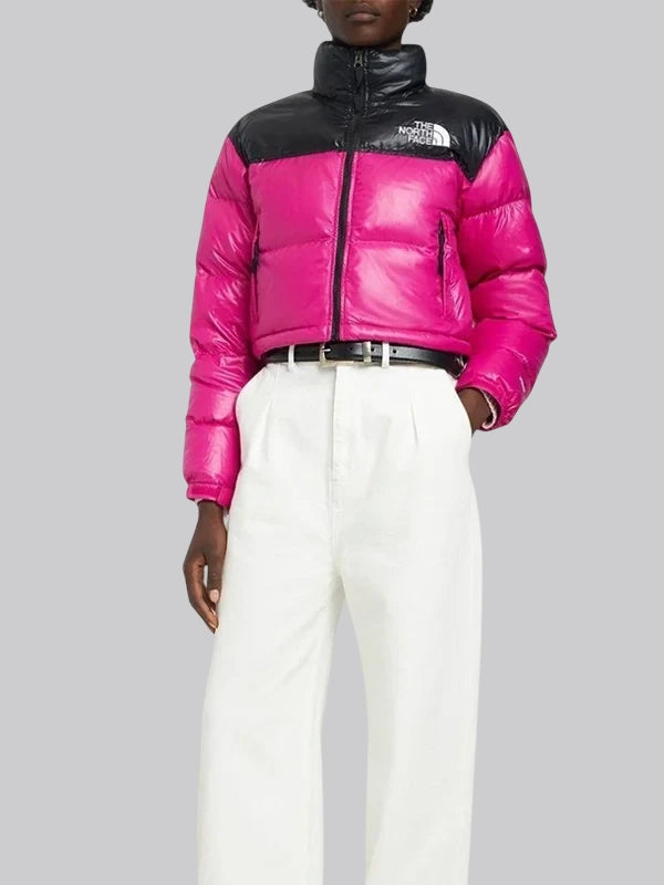 Nuptse Black Hot PInk Cropped The North Face Down Puffer Jacket