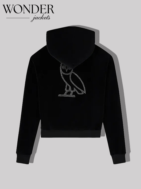 OVO x Rhinestone Crystal Velour Black Hoodie