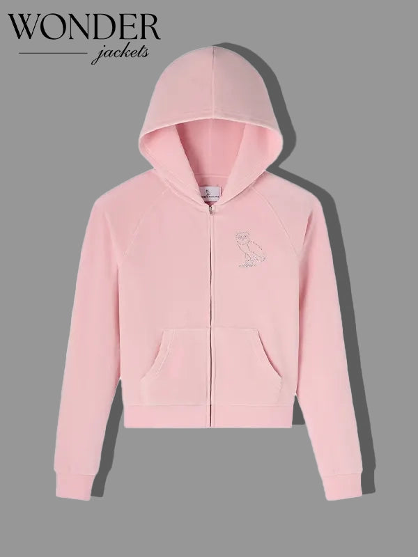 OVO x Rhinestone Crystal Velour Hoodie Pink