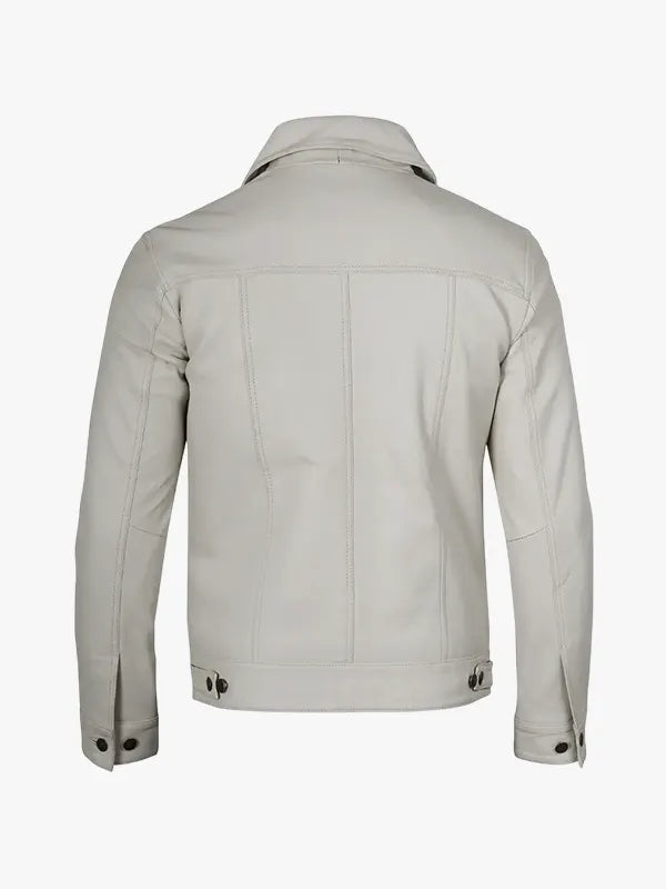 Off White Leather Trucker Jacket for Men with Four Pockets