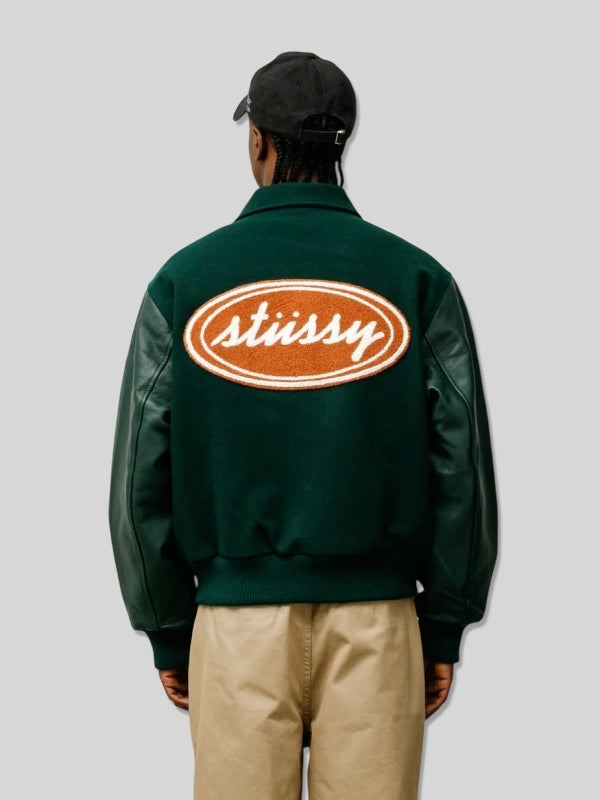 Oval Green Stussy Script Varsity Jacket