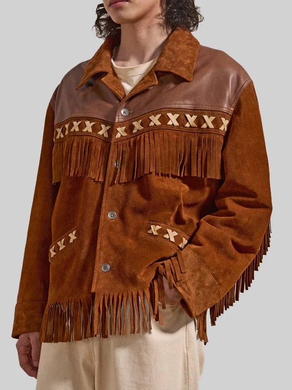 Pete Davidson Western Fringe Brown Suede Leather Jacket