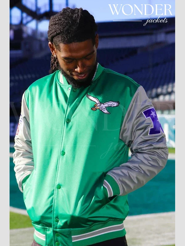 Philadelphia Eagles Green & Grey Satin Varsity Jacket