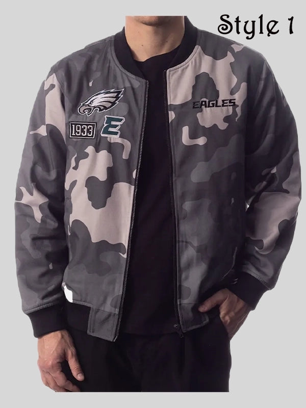 Philadelphia Eagles Camo Bomber Jacket Grey