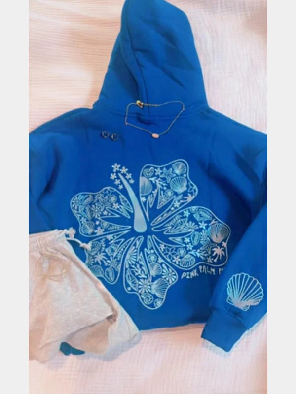 Pink Palm Puff Hawaii Hibiscus Blue Hoodie