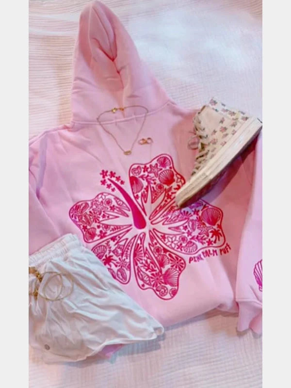 Pink Palm Puff Hawaii Hibiscus Hoodie In Pink