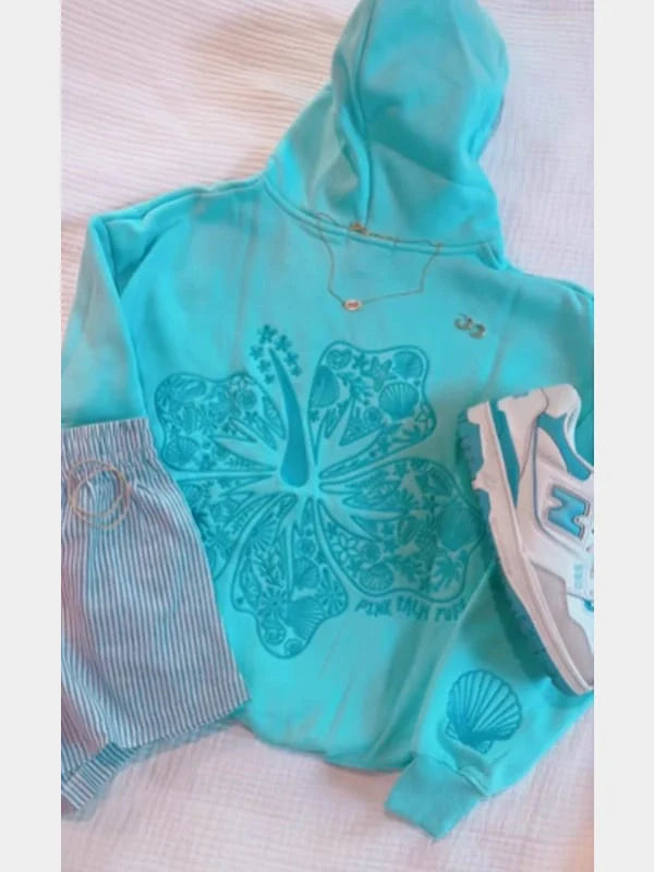 Pink Palm Puff Hawaii Hibiscus Hoodie Ligh Blue