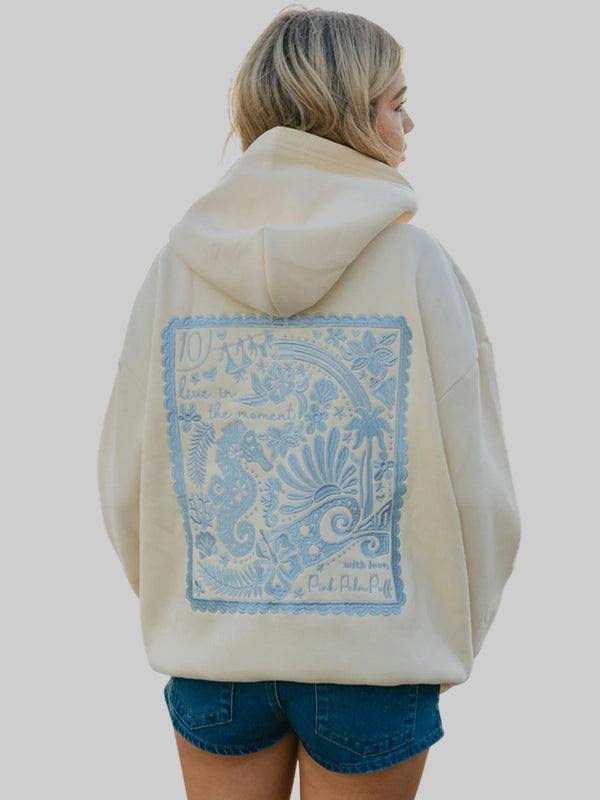 Pink Palm Puff Live in the Moment Hoodie Cream