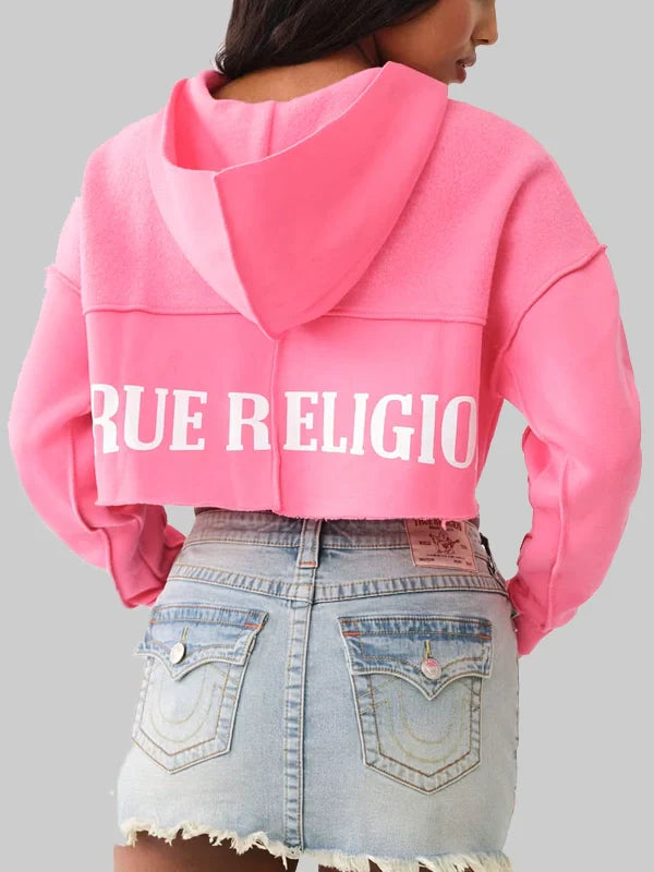 Pink True Religion Logo Crop Fleece Hoodie