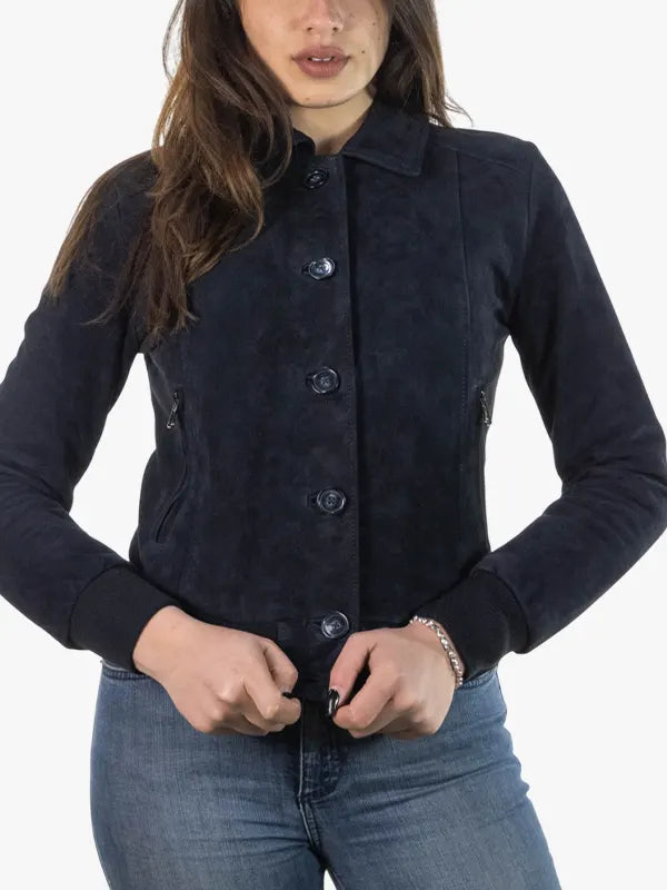 Polo Womens Blue Suede Bomber Jacket
