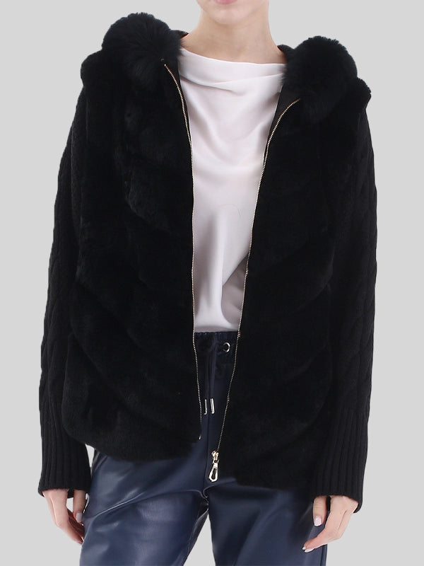 Quinlan Womens Black Hooded Real Rex Rabbit Fur Jacket