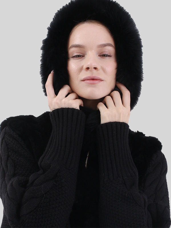 Quinlan Womens Hooded Real Rex Rabbit Fur Jacket