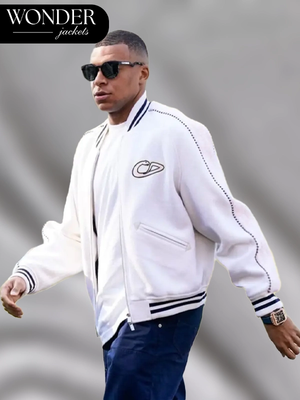 Real Madrid Superstar Kylian Mbappe Christian Dior Varsity Bomber Jacket White and Pink