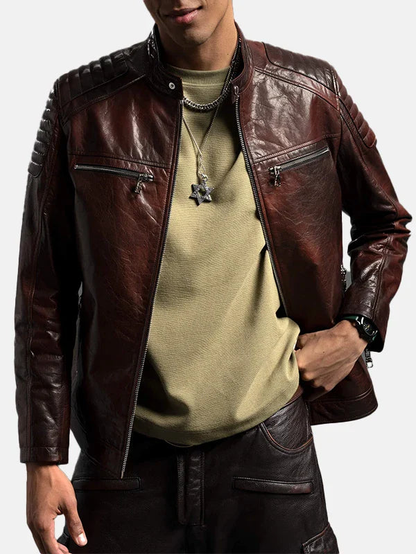 Reddish Brown Cafe Racer Leather Moto Jacket Mens