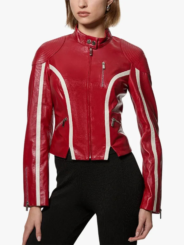 Redline Bolt High-Collar Red Leather Biker Jacket 