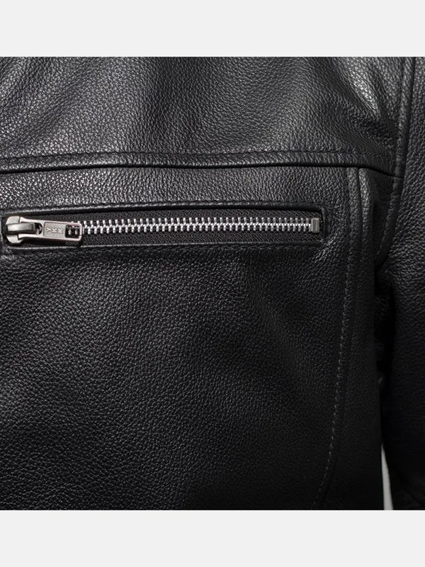 Rocky Mens Black Motorcycle Leather Jacket Front Pocket Close Up